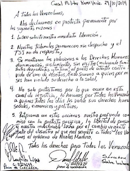 López, Ceballos, Scarano, and Lucchese wrote a letter from jail explaining why they continue to protest.