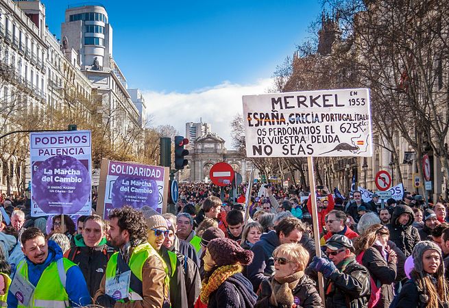 Podemos ofrece en España una alternativa socialista a los partidos tradicionales. El 31 de enero pasado llevaron a cabo una "marcha por el cambio" en Madrid. (Wikimedia)