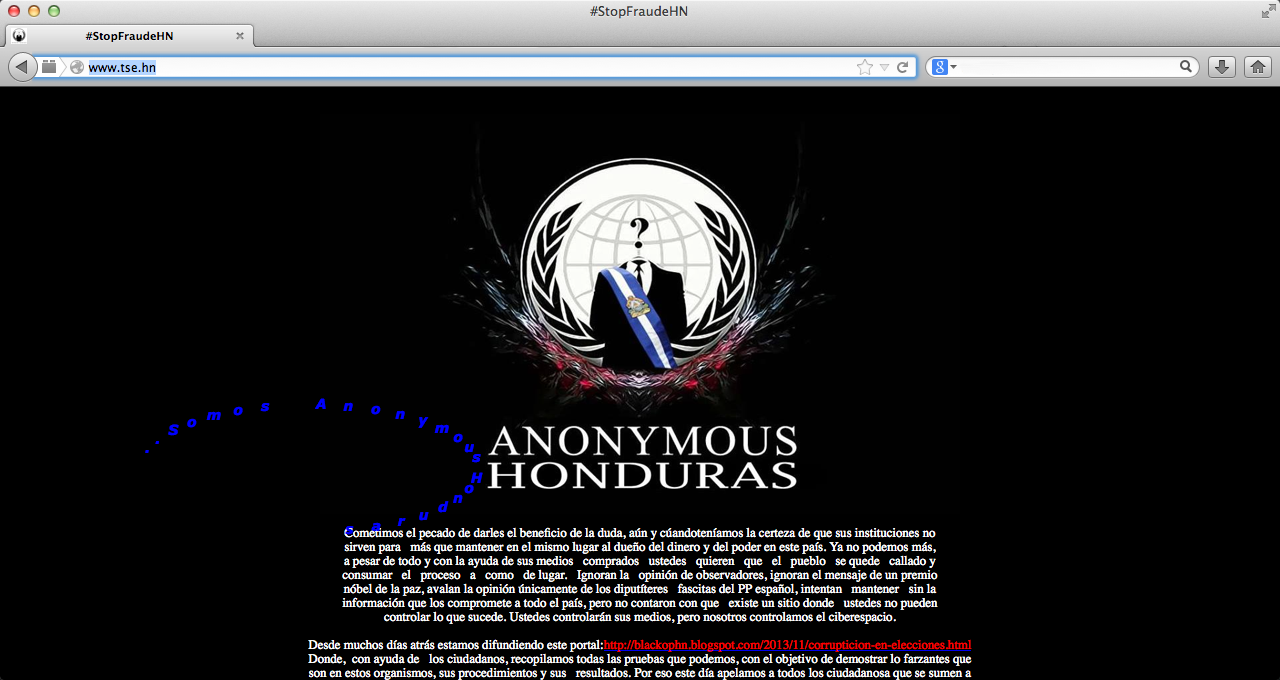 Anonymous hackeó sitio del Tribunal Electoral de Honduras