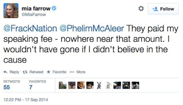 Mia Farrow admits being paid a "speaking fee" in a tweet she later deleted.