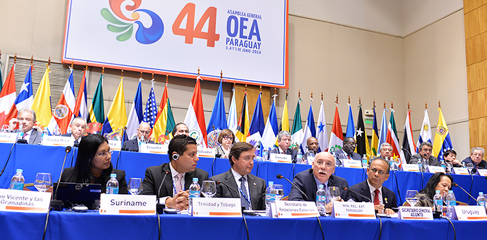 Líderes de la OEA, el ministro de Relaciones Exteriores de Paraguay y jefes de delegación dialogan con la juventud, la sociedad civil, los trabajadores y el sector privado. Fuente: 