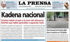 Las ediciones de todos los periódicos reflejaron la alocución de Cristina Kirchner (kiosko.net)