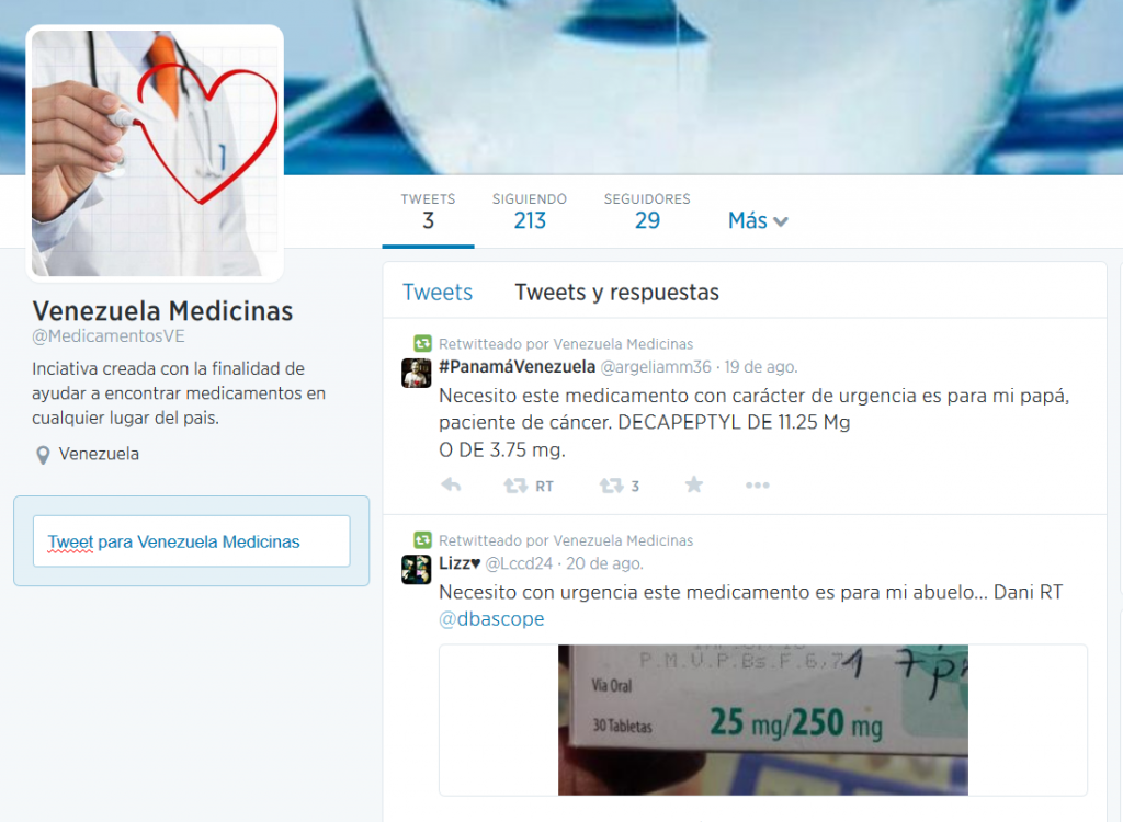 Existen cuentas de Twitter dedicadas a ayudar a los venezolanos a encontrar medicamentos. @MedicamentosVE está recién creada para tal fin.