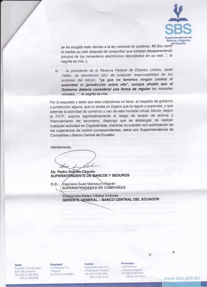 Última hoja de la respuesta de la Superintendencia de Bancos y Seguros de Ecuador.