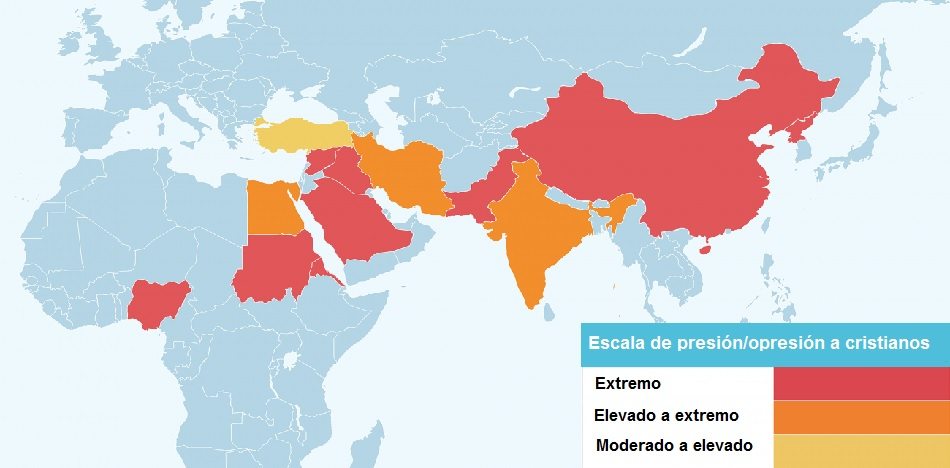 Persecución religiosa en el mundo indicada con colores. (ACN)