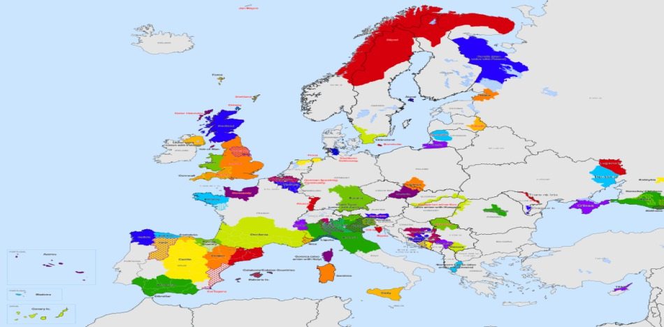 El mapa de Europa si los movimientos independentistas logran la creación de Estados independientes (Wikipedia)