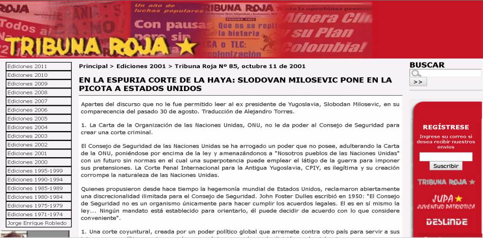Artículo en Tribuna Roja, periódico del MOIR en el que se defiende al criminal Slobodan Milosevic (Tribuna Roja) 