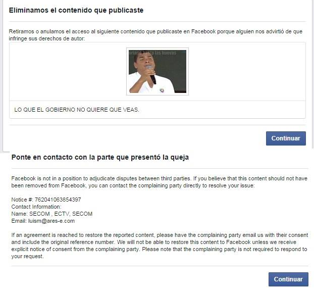 Mensaje que Facebook mostró al administrador de Ecuatoriano hasta las Huevas al momento de ser suspendida la reproducción del video (Cortesía)