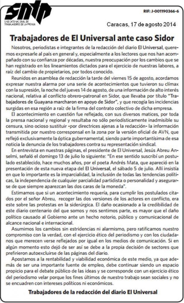 Comunicado de los periodistas de El Universal en el caso SIDOR.