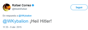 Fue en 2015 cuando el exmandatario Rafael Correa twitteo el saludo nazi en sus redes sociales. Pareciera ser que para él, algunas cosas son ofensivas y otras no... (Twitter)