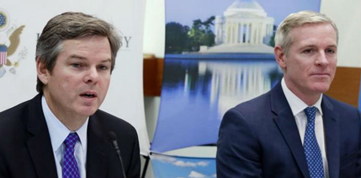 El encargado de negocios de la embajada de Estados Unidos, Kevin Sullivan, y el cónsul general de Estados Unidos en la Argentina, Brendan O'Brien, anunciaron el nuevo plan de visas Argentina