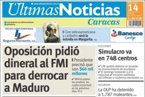 El diario prooficialista Últimas Noticias se hizo eco de la "denuncia" de Maduro. (Kiosko.net)